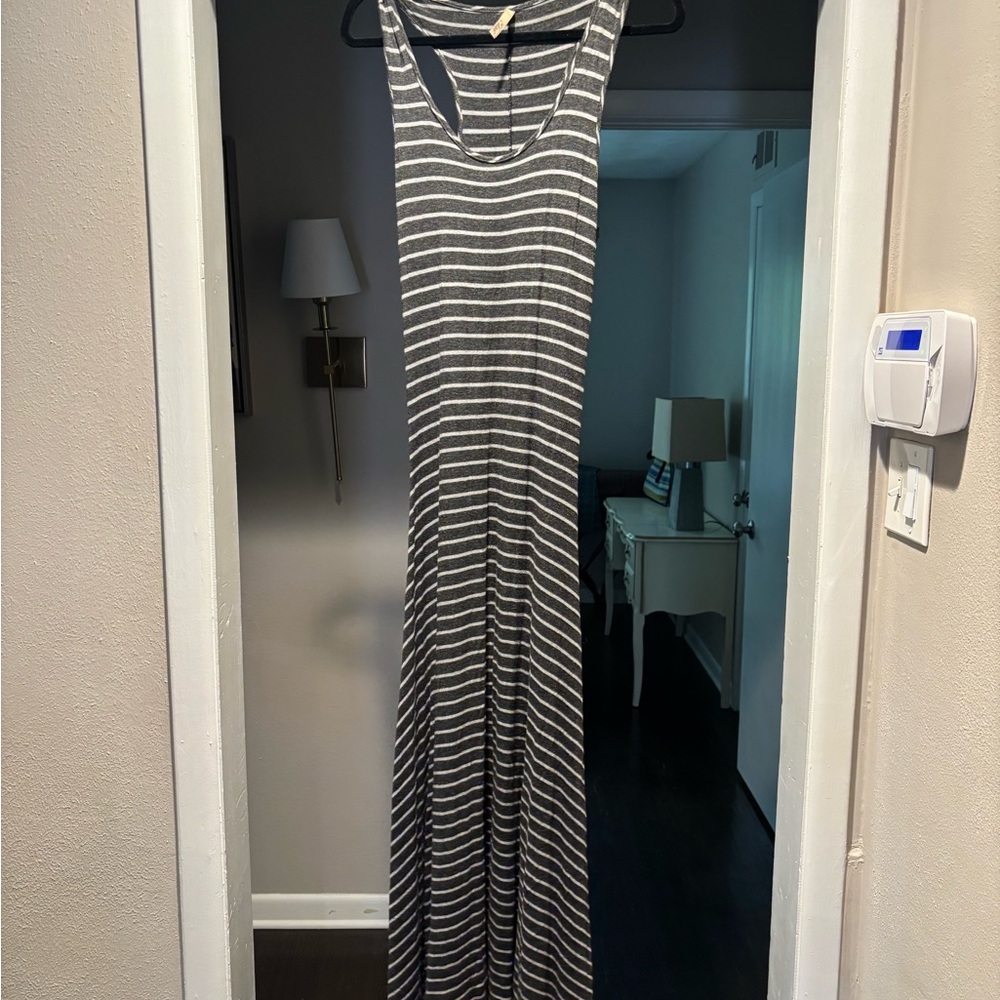 Elan Gray and White Striped Maxi Dress